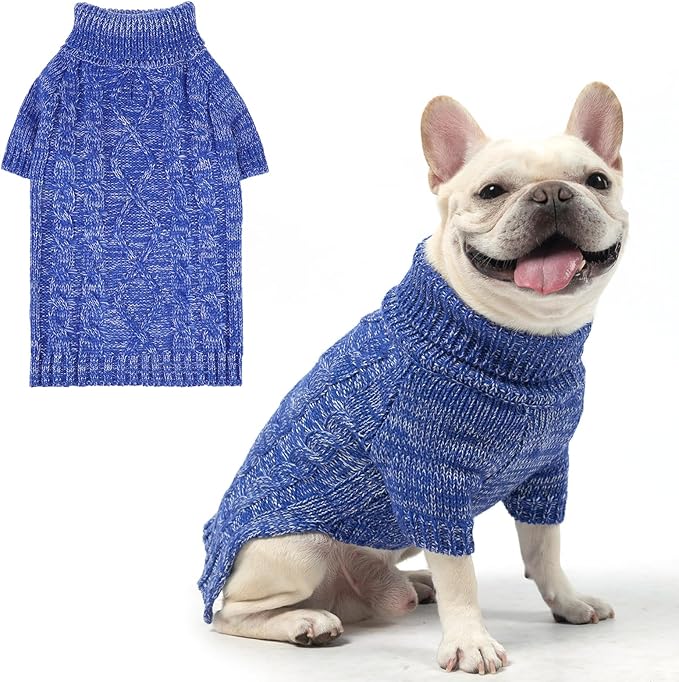 KOOLTAIL Dog Sweater for Large Medium Small Dogs, Fall Dog Sweaters, Turtleneck Cable Knitwear Pet Cold Weather Coats with Leash Hole, Warm Winter Pullover Clothes for Bulldog, Yorkie,Boy Girl,Blue SM