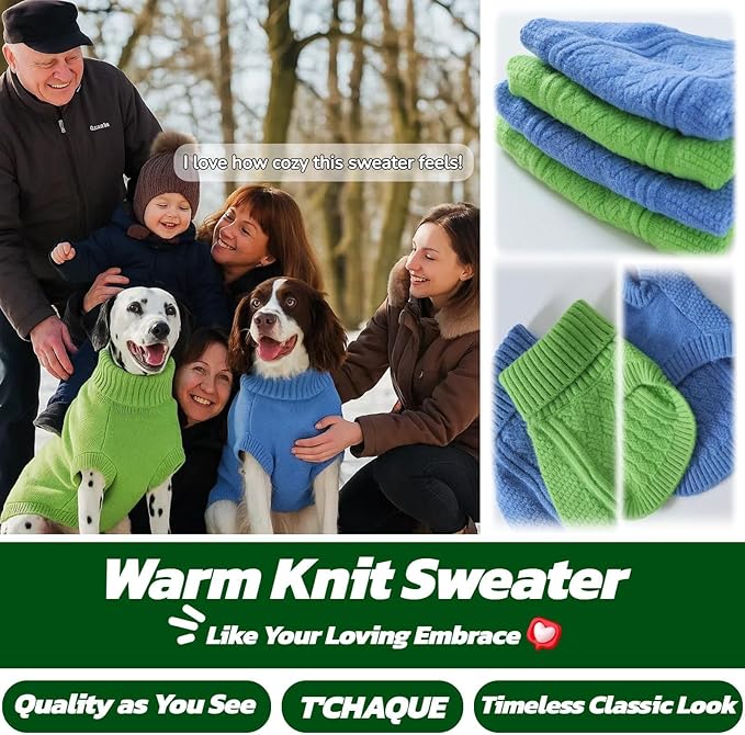 Pullover Warm Dog Sweater, Classic Cable Knit Fall Sweaters for Large Dogs Female, Sweater for Male Pet, Turtleneck Winter Clothes for Boston Terrier, Cute Coat for Boy or Girl Doggie(Green, L)
