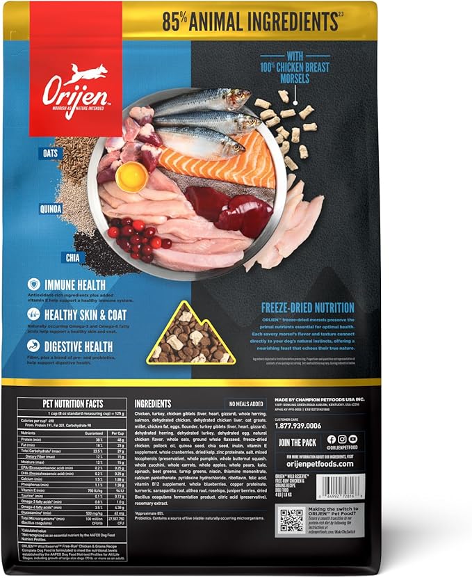 ORIJEN Wild Reserve Dry Dog Food Free-Run Chicken & Grains Recipe 4lb Bag