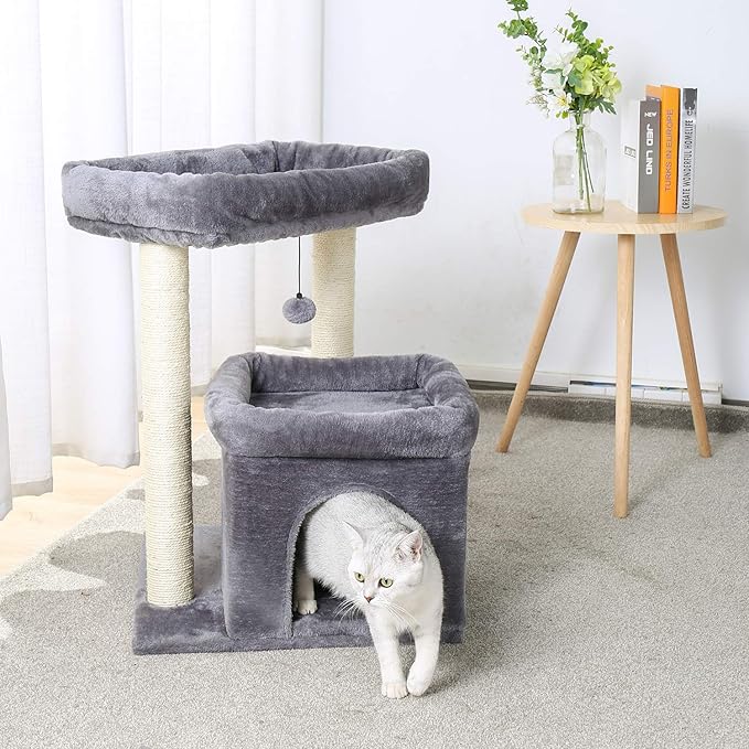 27" Cat Tree for Medium Cats, Cat Tower with Large Top Perch, Full Wrapped Natural Sisal Scratching Posts for Indoor Cats with Spacious Condo & Toy Ball, Grey