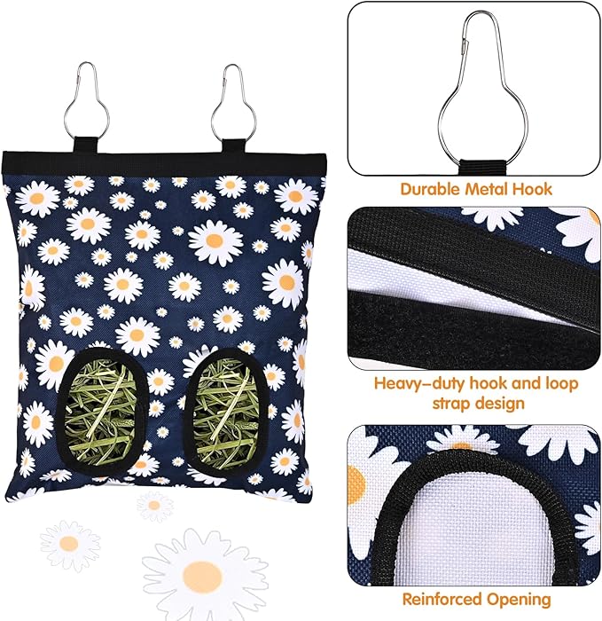 Upgraded Rabbits Hay Feeder Bag for Bunny, Guinea Pigs, Chinchillas - Hanging Washable 2-Hole Hay Dispenser with 600D Oxford Fabric, Small Animal Cage Accessories (Blue Daisy)