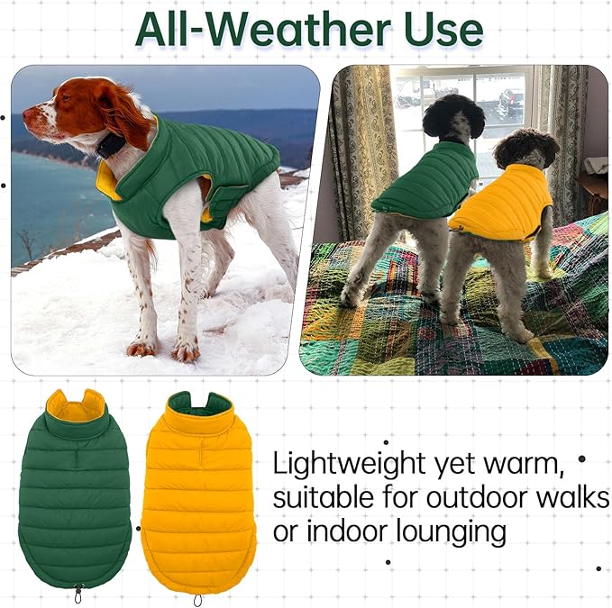 Lelepet Reversible Dog Coat Lightweight Warm Dog Jacket Padded Vest Windproof Cold Weather Coat Sonwsuit with Hook & Loop Leash Hole Coats for Large Dogs, Non-Shedding, Easy on/Off, Green, XXXL
