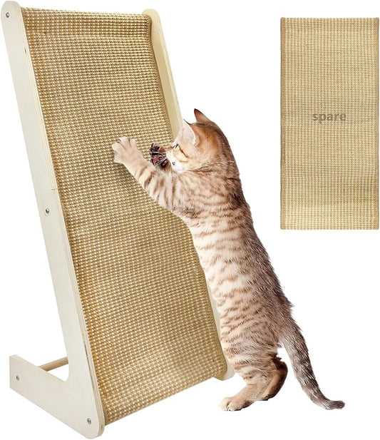 Fhiny Sisal Cat Scratcher Ramp with Replaceable Mat, 28" Large Vertical Cat Scratching Pad for Indoor Cats L Shape Sisal Cat Scratching Mat Scratch Board Climbing Wooden Frame Wall Furniture Protector