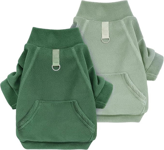 Idepet Fleece Dog Sweater 2 Pack, Winter Pet Clothes Turtleneck Sweatshirt, Stretchy Small Coat Cat Apparel With Leash Ring, Green, Dark Green, Large
