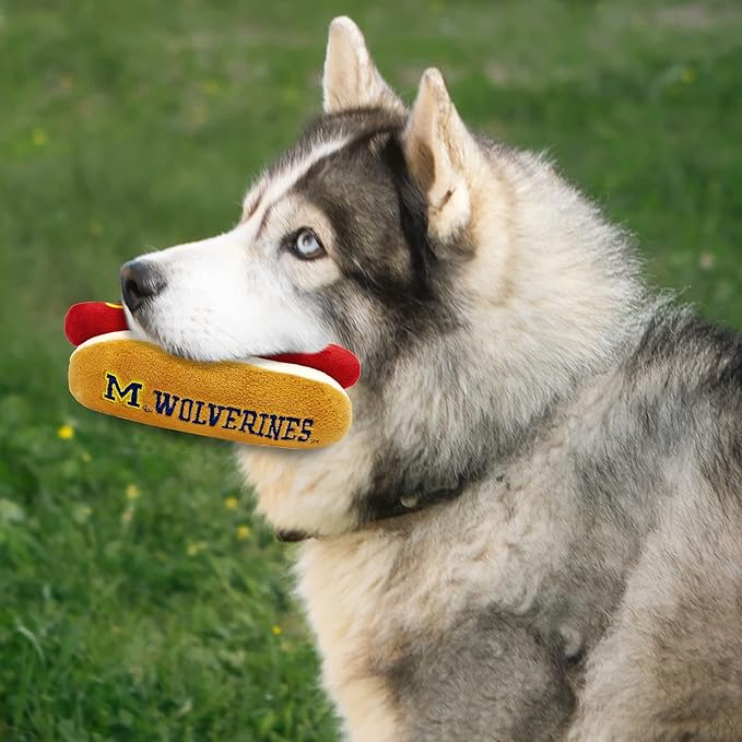 NCAA Michigan Wolverines HOT Dog Plush Dog & CAT Squeak Toy- Cutest HOT-Dog Snack Plush Toy for Dogs & Cats with Inner Squeaker & Beautiful Football/Basketball Team Name/Logo