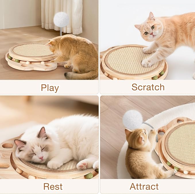 Cat Scratcher for Indoor Cats, Sisal Cat Scratching Pad, 2-Tier Kitten Toys with Wooden Ball Track & Spring Ball -No Assembly Cats Activity Center
