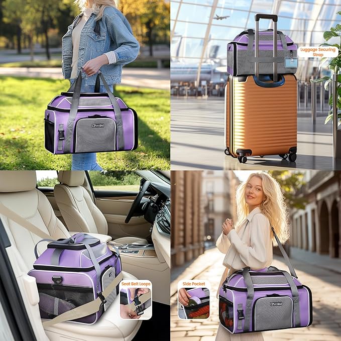 Petskd Top-Expandable Pet Carrier 19x13x9 Inches Southwest Allegiant Airlines Approved, Soft-Sided Carrier for Small Dog Under 12 lbs and Large Cat Under 15 lbs(Purple)