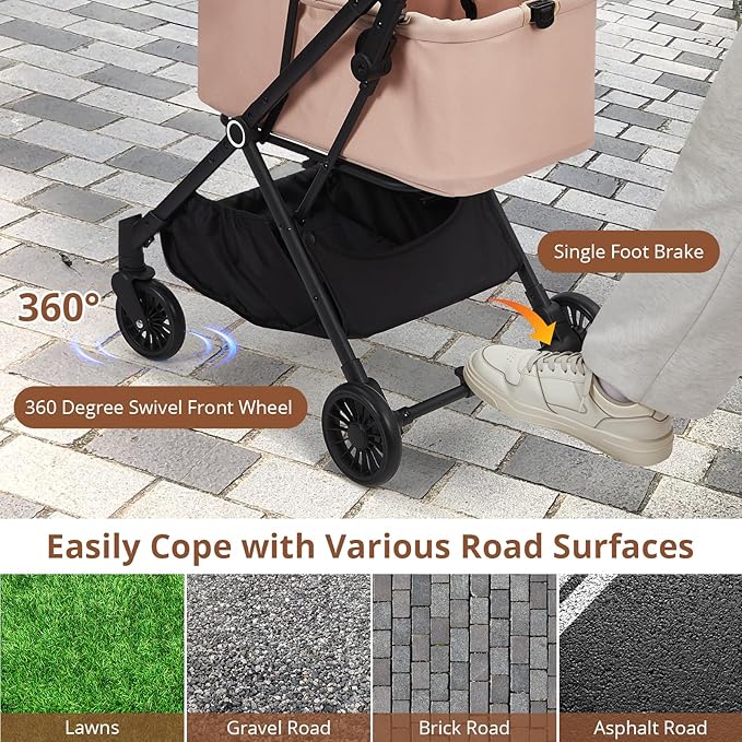 4-Wheel Lightweight Dog Stroller - Foldable Pet Stroller for Cats & Small to Medium Dogs Up to 50 Lbs, with 360° Swivel Wheels, Foot Brake, Weather & Escape Proof Design