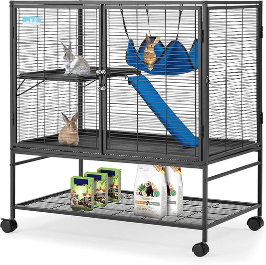 HABUTWAY 40''H Large Metal Rolling Ferrets Cage, 2-Tiers Small Animal Cages, Cage for Rats/Chinchillas, 0.5'' Bar Spacing for Ferret,Small Animal Cage w/Removable Ramp & Platform