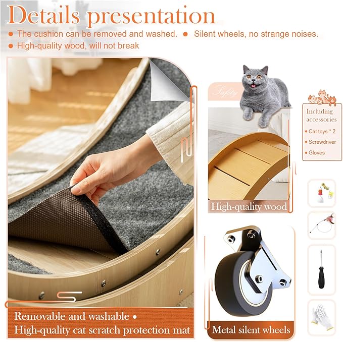 41" Cat Exercise Wheel,cat Wheel Exerciser for Indoor Cats,Running Wheel with Detachable Carpeted Runway,Natural Solid Wood Sturdy Running Wheel for Running/Training/Walking