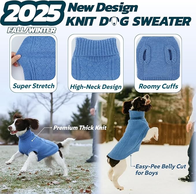 Classic Cable Knit Sweater for Large Dogs, Fall Knitted Dog Sweater for Female Male Pet, Warm Turtleneck Winter Outfit Clothes for Pitbull Doberman, Cute Coat Clothing for Boy Girl Doggie(Blue, XL)