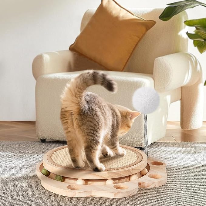 Cat Scratcher for Indoor Cats, Sisal Cat Scratching Pad, 2-Tier Kitten Toys with Wooden Ball Track & Spring Ball -No Assembly Cats Activity Center