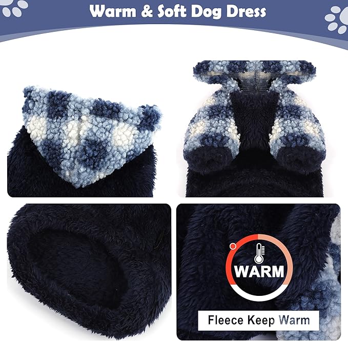 Plaid Dog Hoodie Fleece Dog Sweater for Small Dogs Girl Boy Winter Warm Puppy Clothes for Chihuahua Teacup Yorkie Soft Stretchy Tiny Outfits Cat Sweater Pet Clothing, Blue, Small