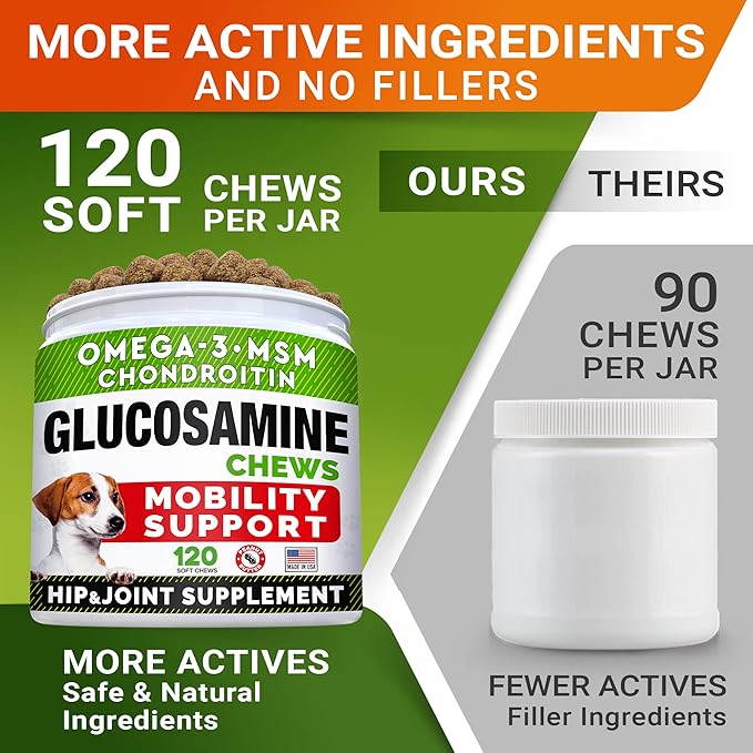 Glucosamine Treats for Dogs - Joint Supplement w/Omega-3 Fish Oil - Chondroitin, MSM - Advanced Mobility Chews - Joint Pain Relief - Hip & Joint Care - Peanut Butter Flavor - 240 Ct