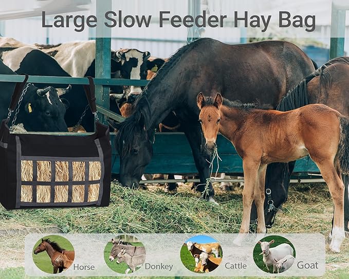 Hay Bags for Horses, 3 Pack Durable Large Capacity Horse Hay Feed Bags with Free Gloves, Slow Feed Hay Feeder for Goats/Sheep/Donkeys, Easy to Hang & Fill with Front Hay Nets Design