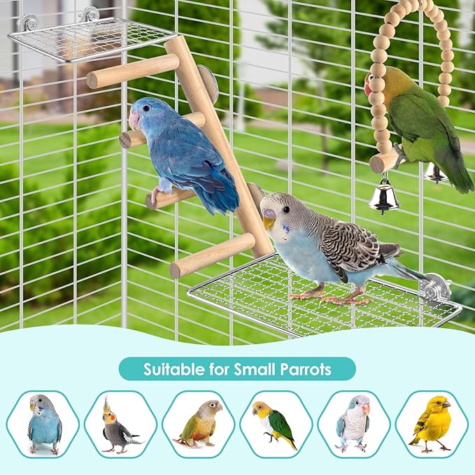 4Pcs Bird Perches Toys, Stainless Steel Perch Platform (2 Sizes), Natural Wood Parrot Climbing Ladder & Swing with Bell, Play Gym Cage Accessories for Budgie Cockatiel Lovebird Canary Conure