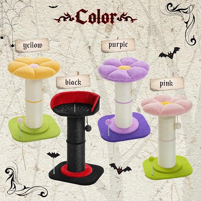 PEQULTI Cat Scratching Post, Gothic Cat Tree, Tall Scratcher for Indoor Cats with Super Thick Scratching Post [Dia=5.5''], Removable Spiderweb Pattern Cat Bed, Scratch Post with Spring Ball, Black