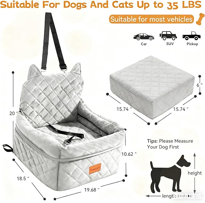 Dog Car Seat for Small/Medium Dogs Up to 35lbs,Elevated Cushion Fits in Front/Back Seat,Travel Safety Per Car Bed with Washable Removable Cover, Storage 2 Pockets Grey