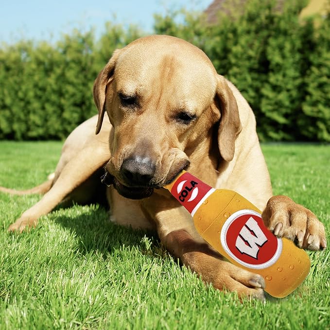 NCAA Wisconsin Badgers Beer Bottle Plush Dog & CAT Squeak Toy- Cutest Stadium SODA Bottle Snack Plush Toy for Dogs & Cats with Inner Squeaker & Beautiful Football/Basketball Team Name/Logo