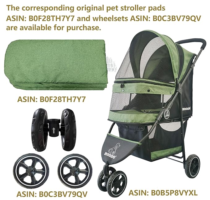 ROODO 3 Wheel Pet Stroller Best Lightweight Foldable Compact Portable Jogger All Terrain Travel Pet Gear Puppy Kitty Stroller for up to 30lbs Medium Small Dogs and Cats(Green)