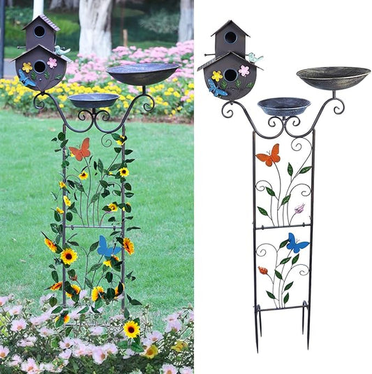 52" H Bird Bath and Metal Birdhouses for Outdoors,Metal Standing Bird Bath Feeder and Climbing Plant Trellis 4-in-1,Garden Yard Decor