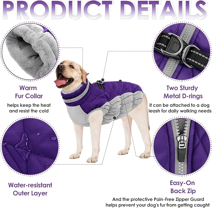 AOFITEE Dog Coat, Warm Dog Winter Coat, Reflective Cold Weather Dogs Puffer Jacket with Harness Built in, Waterproof Pet Fleece Vest Snowsuit for Small Medium Large Dogs, Purple L