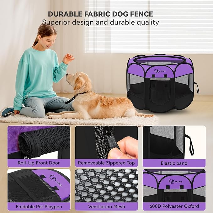 Large Dog Playpen, Puppy Pet Playpen Indoor, Dogs Tent Crates Cage Indoor/Outdoor, Portable Pop Up Dog Kennel Playpen with Carrying Case for Dogs/Cats/Rabbits, Removable Zipper Top, Purple