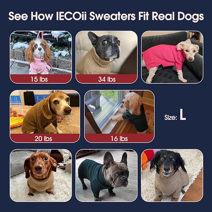 IECOii Dog Sweaters For Medium Dogs Girl Boy,Holiday Knit Doggy Sweatshirt with Sleeve,Turtleneck Thick Warm Dog Sweaters for Winter,Pullover Knitwear for French Bulldog,Boston Terrier(Peacock Blue,L)
