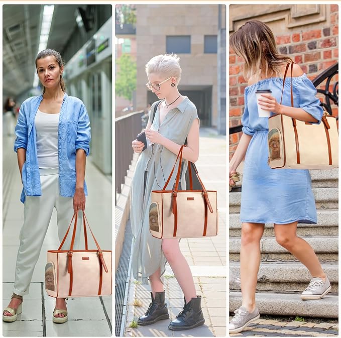 Fashion Dog Purse Pet Carrier Leather Bag for Small Dogs Cats Puppy, Portable Tote Bag Airline Approved Soft-Sided Carriers (Beign)