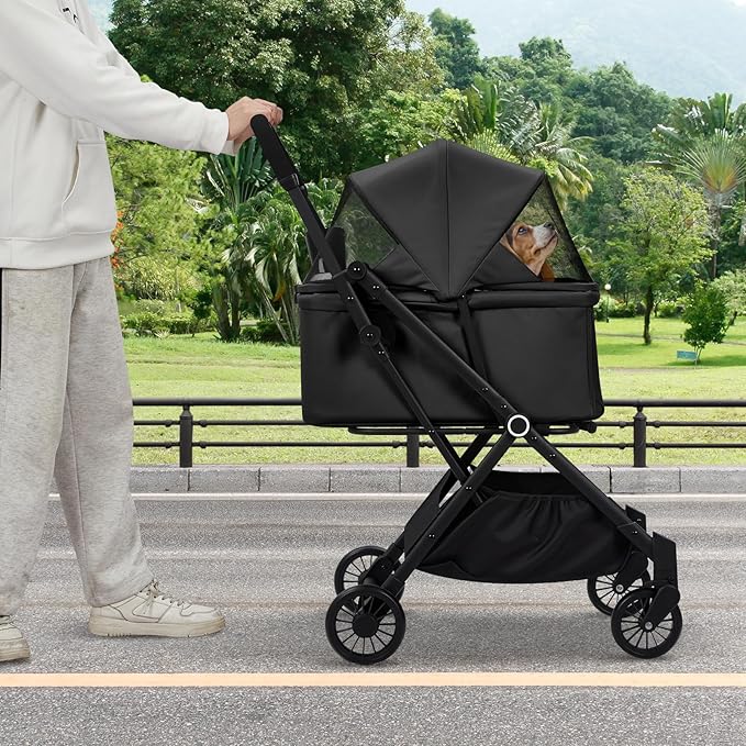 4-Wheel Lightweight Dog Stroller - Foldable Pet Stroller for Cats & Small to Medium Dogs Up to 50 Lbs, with 360° Swivel Wheels, Foot Brake, Weather & Escape Proof Design