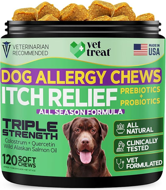Dog Allergy Relief Chews - 120 Dog Allergy Chews - Itch Relief for Dogs - Fish Oil Omega 3, Probiotics for Itchy Skin & Paw Licking, Hot Spots Allergies - Coat & Dry Skin Supplement - Immune Support