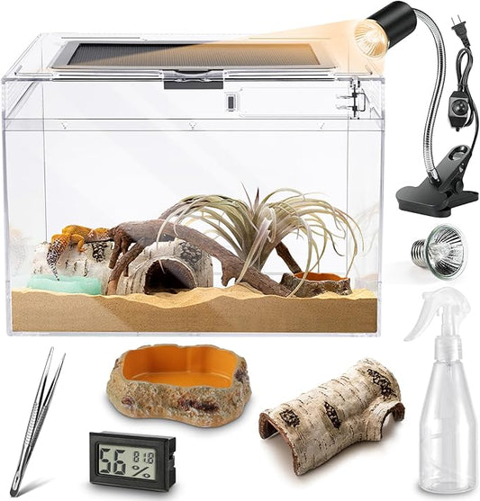 Reptile PC Terrarium,Anti Breakage 19.5x9.4x10.5 in Amphibians Tank Starter Kits,Top Sliding Door Gecko Starter Screen Ventilation Mini Habitat Cages,Hygrometer Thermometer,Hide Cave,Tweezer,Sprayer