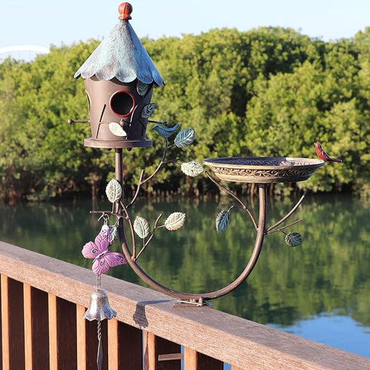 Deck Bird Bath, Metal Bird Bath and Bird Houses, Decorative Deck Mounted Bird Baths, Detachable and Adjustable Sturdy Deck Bird Bath for Outdoor Porch Yard Garden Decoration