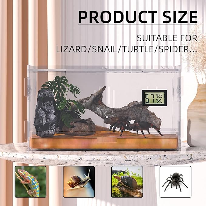 Reptile Terrariums with Temperature Hygrometer, 15.7"x9.9"x7.1" Acrylic Breeding Box Terrarium Cage Tank for Small Reptiles, Insects, Home Office (Terrestrial)