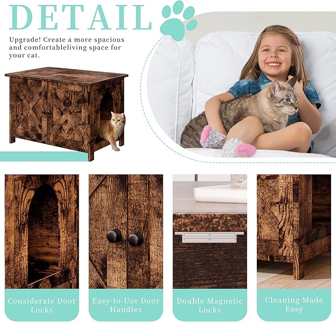 Vongrasig Cat Litter Box Enclosure,Litter Box Furniture Hidden with Barn Door,Wooden Cat Washroom Furniture,Cat House,End Table, Fit Most of Litter Box, Brown