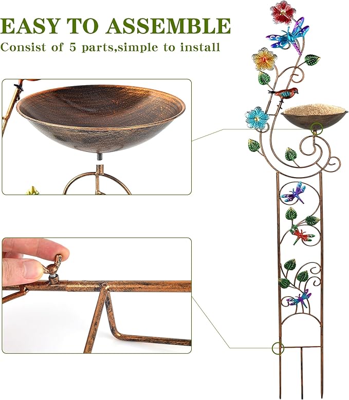 57” Bird Bath with Garden Trellis for Climbing Plants Outdoor, Small Decorative Metal Birdbath Bird Baths, Dragonfly (Dragonfly)