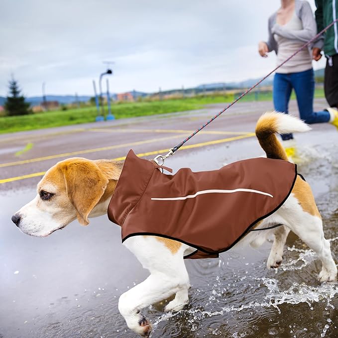 Mile High Life Dog Raincoat, Adjustable Waterproof Reflective Rain Jacket for Small Medium Large Dogs, Lightweight Breathable Pet Rain Coat with Leash Hole(Brown,L Chest 32-40")