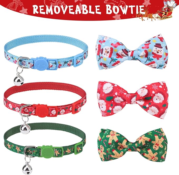 SCENEREAL Christmas Cat Collar Breakaway with Bells and Bow Tie- 3 Pack Cute Holiday Cat Collars- Xmas Kitten Collar Adjustable Safety Buckle for Girl Boy Cats Dogs Pets