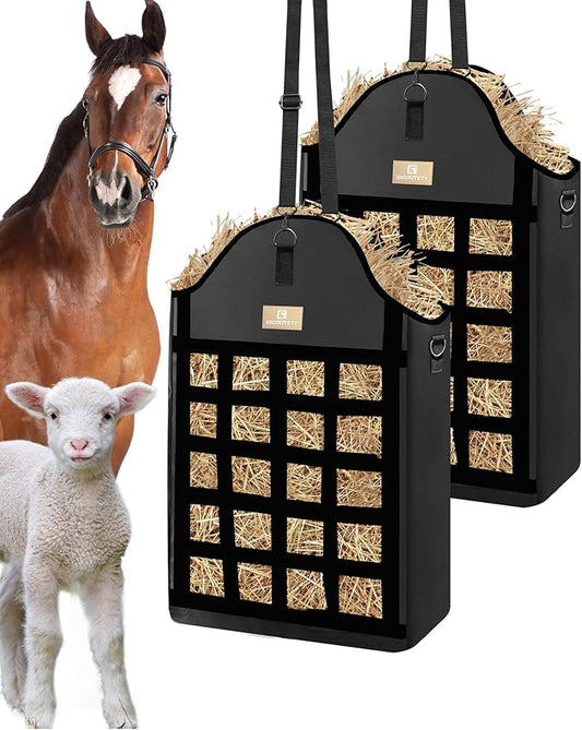 Hay Bags for Horses,3 Packs Slow Feed Hay Bags for Goats,Sheep,Donkey,600D Reinforced Oxford Hay Feed Bags with Front Hay Nets Design, Easy to Fill and Hang with Large Opening (2Black)