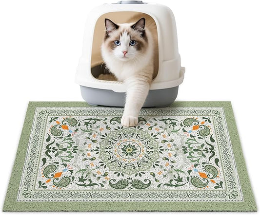 Unicorn Catcher Cat Litter Mat 24" x 15" Non-Slip Litter Box Mat Washable Litter Catcher Mat for Litter Box Indoor Food Mat Supplies Essentials, Green Mandala