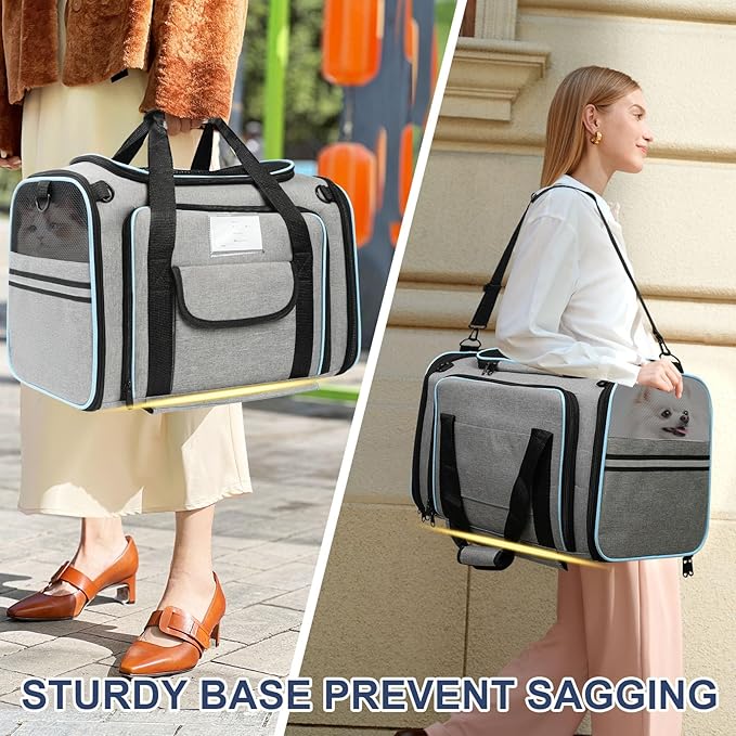 Pet Dog Cat Carrier Soft, Airline Approved Dog Carriers for Small Dogs, Washable Pet Carrier, Large Cat Travel Carriers, Portable TSA Carrier in Cabin, Soft Pet Bag Carrier for Puppy (Grey)