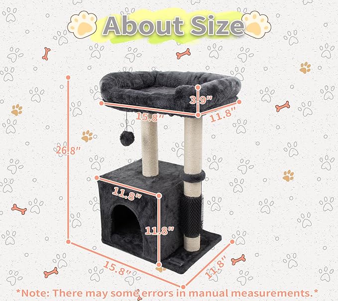 26.8" Small Cat Tree Tower,Cat Scratching Post for Indoor Cats,Featuring with Cat Cave & Cozy Perch,Cat Self Groomer and Interactive Dangling Ball Great for Kittens/Cats (Smoky Gray, Medium)