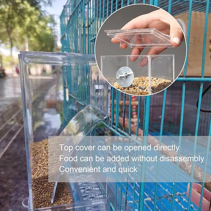 Automatic No Mess Bird Cage Feeder， 2Pack Acrylic Transparent Parrot Seed Feeders with Perch Parakeet Food Container Cage Accessories for Small and Medium Lovebirds Canary Cockatoo Cockatiel Finch