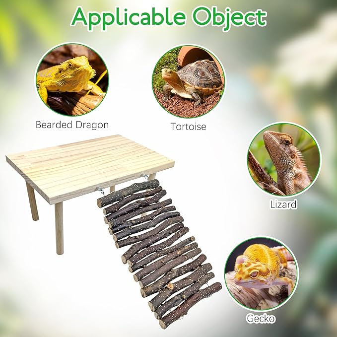 BNOSDM Wooden Basking Platform with Climbing Ramp Reptiles Hideout Bearded Dragon Hide Cave Reptile Tank Accessories Suit for Tortoise, Lizard, Toad, Gecko (Rectangle)