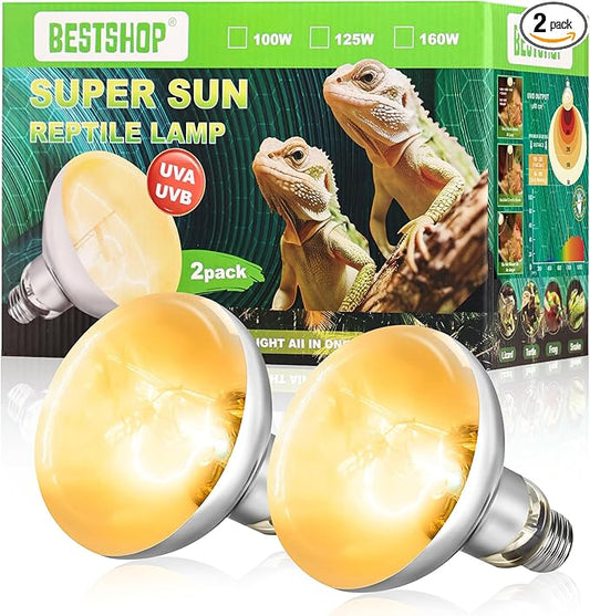 Heat Lamp Bulbs, 160 Watt Reptile Heat Bulb, Full Spectrum UVA UVB Light Bulb, Natural Daylight, Basking Spot, Sun Light for Reptile and Amphibian, Pack of 2