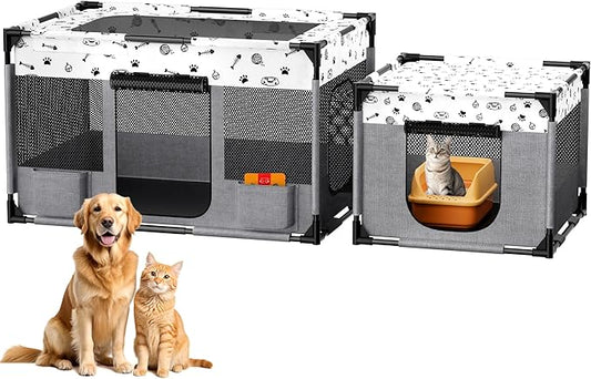 Portable Cat Playpen, Pet Dog Playpen, Kitten Puppy Play Pen for Indoor/Outdoor, Collapsible Cats Cages Enclosed Tent with Carrying Case, PVC Pipe Frame, 600D Oxford, 39" x 24" x 22"