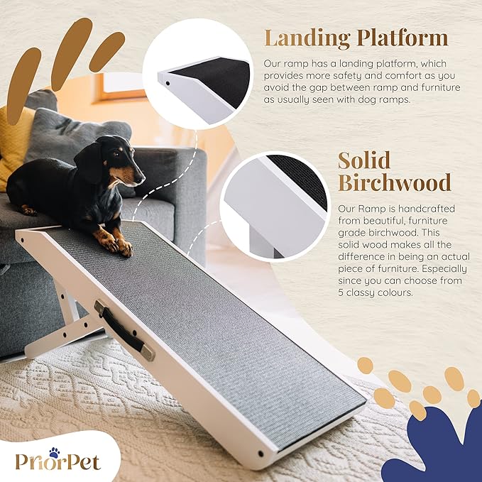 Dog ramp for Couch – Non-Slip, Sturdy Build Foldable Dog ramp – Supports up to 200lbs – Adjustable 7'' to 20'' – Landing Platform Seamlessly Connects – Birchwood Pet Ramp for Small Dogs – White