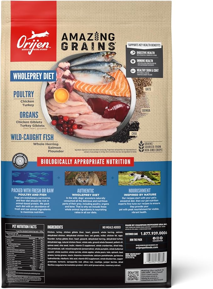 ORIJEN Amazing Grains High Protein Dry Dog Food Original Recipe 22.5lb Bag
