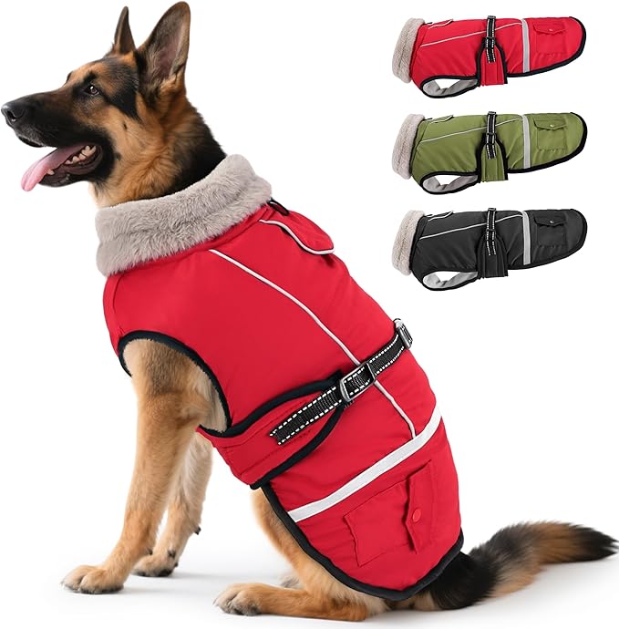 Dog Coat, Dog Winter Coat Jacket Waterproof for XXL Large Dogs, Pet Vest Warm Fleece Cozy for Cold Weather, with Harness Built in Reflective, Dogs Snowsuit Windproof, Adjustable Buckle