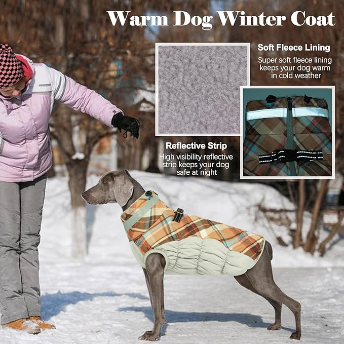 Lelepet Dog Coat Warm Dog Winter Coat Waterproof Dogs Jacket with Harness Built in Reflective Pet Fleece Vest Zip-Up Cold Weather Coats for Large Dogs Turtleneck & Windproof Coats Boxer Brown Plaid XL